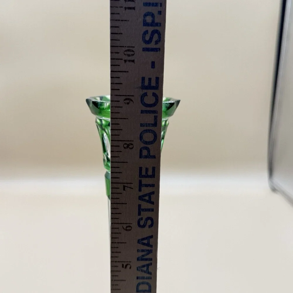 Vintage Czech Bohemian Green Cut to Clear Crystal Candlestick 9.5